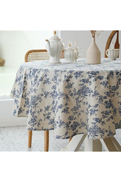 Generic Round Floral Tablecloth, Linen Fabric, Dark Blue and White, 60 Inch D...