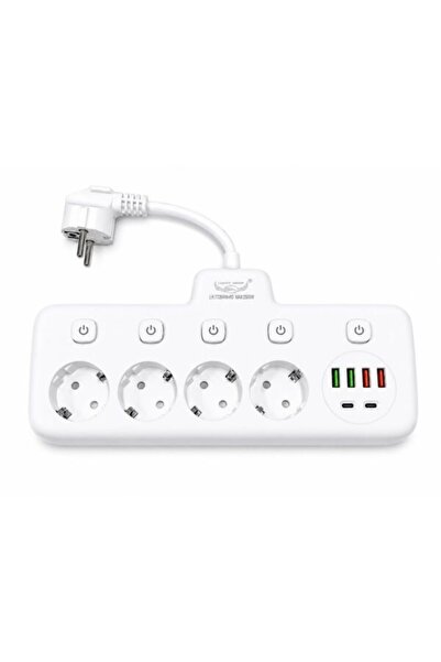 Kadı Prelungitor cu 4 prize, USB și întrerupător, 2500 W, Cablu de cupru