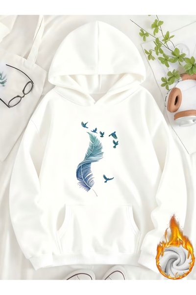 FUFLUNS Feather Printed Oversize Unisex Women'S/Men's Hooded Sweatshirt