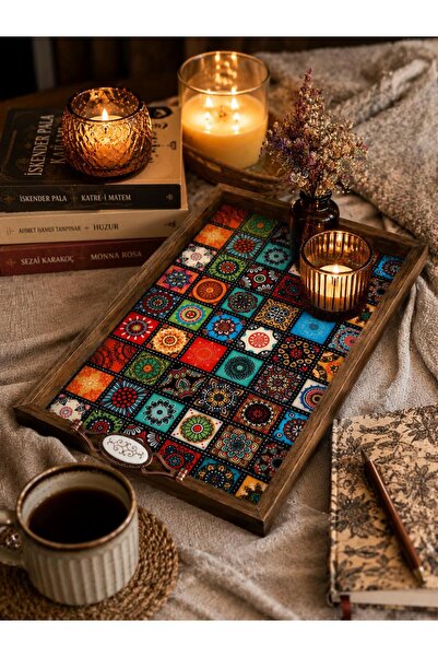 BulutRetail Handmade Kütahya Tile Patterned Wooden Tray 42x27 cm | Domestic P...