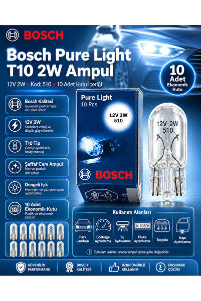 Bosch T10 W5W 2W 12V Pure Light Ampul 10 Adet Set Kod 510 Park Plaka İç Aydın...