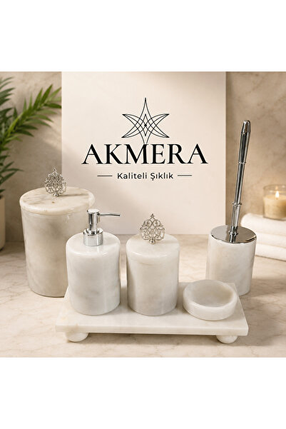 Akmera Home 6 Parça Doğal Mermer Banyo Seti – Osmanlı Motifli Kulplu Gold & G...