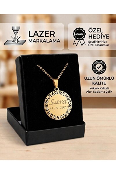 316L Çelik Gold Renk İsim Yazılır Yuvarlak Kolye (Kişiselleştirilebilir)