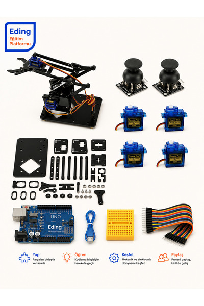 EDİNG EĞİTİM PLATFORMU Arduino Uno Pleksi Robot Kol Eğitim Demonte Set| 4 Ser...