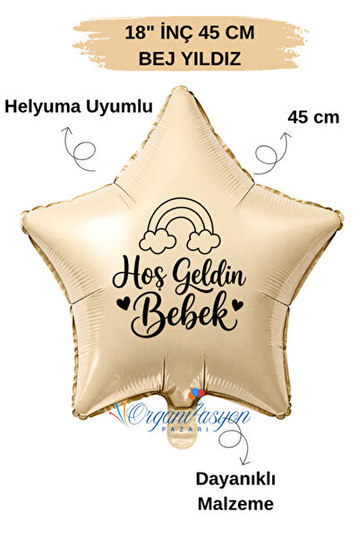 Organizasyon Pazarı 18 Inch Beige Star Foil Balloon |   Welcome Baby Rainbow ...