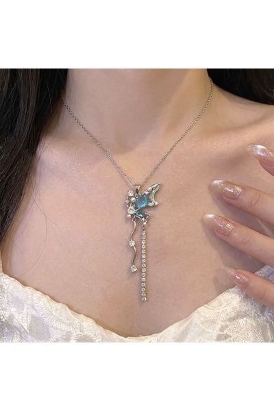 Heda Jewelry Butterfly Sparkle Kolye - Çelik Mavi Kelebek Kolye