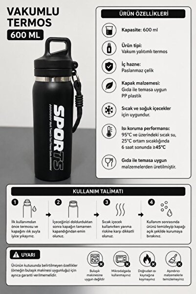 HTC AKSESUAR 600 ML TEK TUŞLA AÇILAN SPOR TERMOS PASLANMAZ ÇELİK
