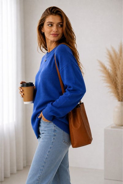 KAREL BUTİK Blue Oversized Crew Neck Knitwear Women's Sweater
