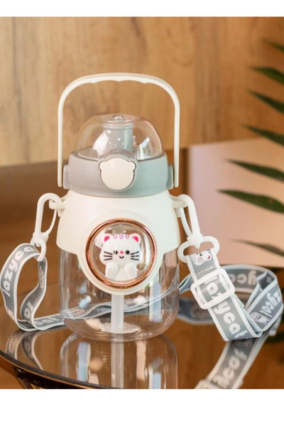 UĞURDAN Kawaii Kedi Pipetli Suluk Çocuk Suluğu Okul Matarası 750 ML – Askılı ...