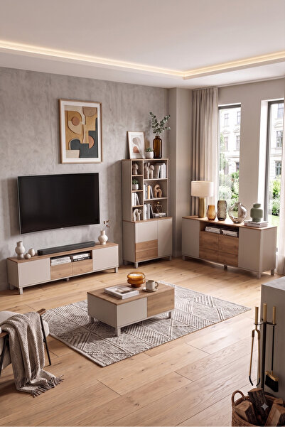 Yurudesign Mood Tv Ünitesi Orta Sehpa Konsol Kitaplık 4'Lü Set Ahşap Ayaklı K...