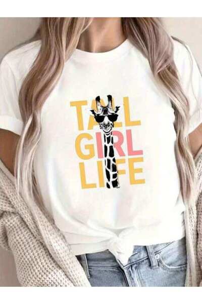 26LIK Oversized Loose Fit, Flat Print Giraffe With Text TALL LIFE T-Shirt, Sh...