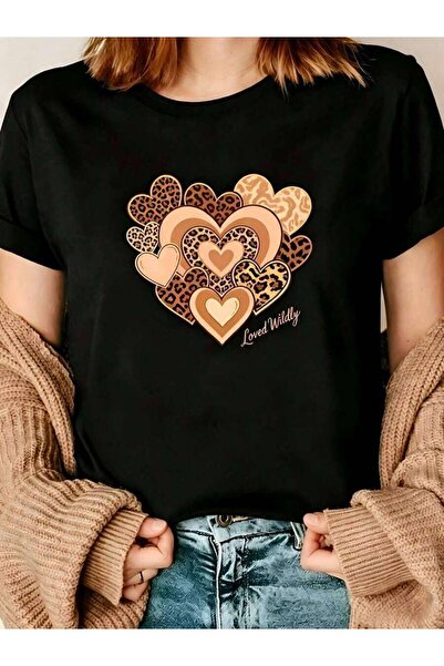 26LIK Casual Boho Style, Women's T-Shirt, Leopard Print Hearts And Loved Wild...