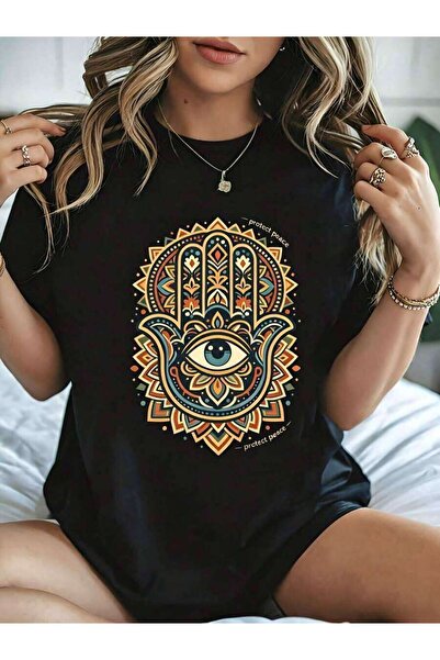 29CUN Bohemian Style Women's T-Shirt Hamsa Hand Evil Eye Mandala Print Casual...