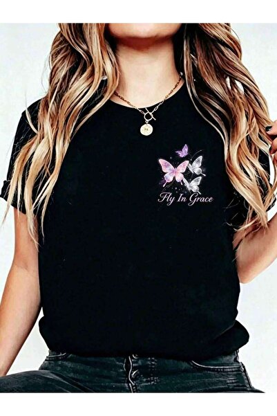 2BIR Casual Style, Women's T-Shirt, Butterfly Fly In Grace Print, Summer Dail...