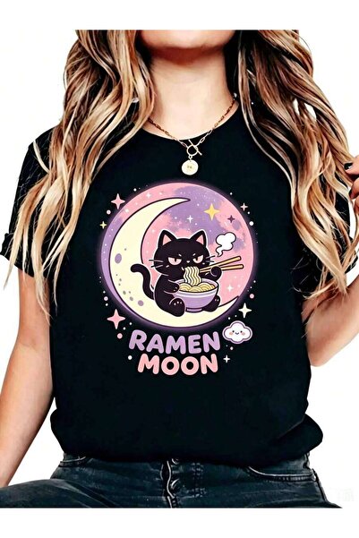2BIR Cute Kawaii Style Women's T-Shirt Black Eating Ramen On Moon Graphic Des...