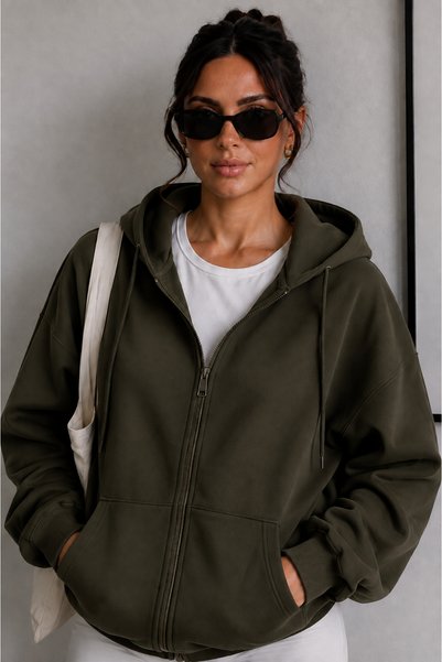 SEVORIA Kadın 3 İplik Şardonlu Kapüşonlu Fermuarlı Sweatshirt Cepli Oversize ...