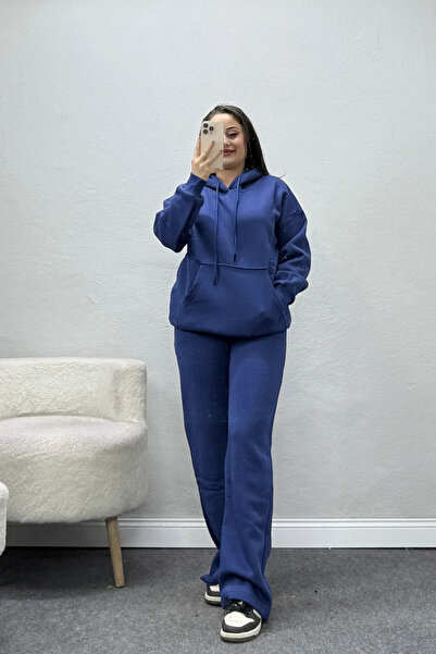 BELENDİR Women's Three Thread Kangaroo Pocket Tracksuit Set Indigo