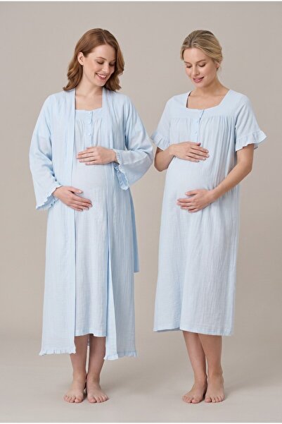 Generic Brand Women's Blue Muslin Cotton Fabric Short Sleeve Buttoned Materni...