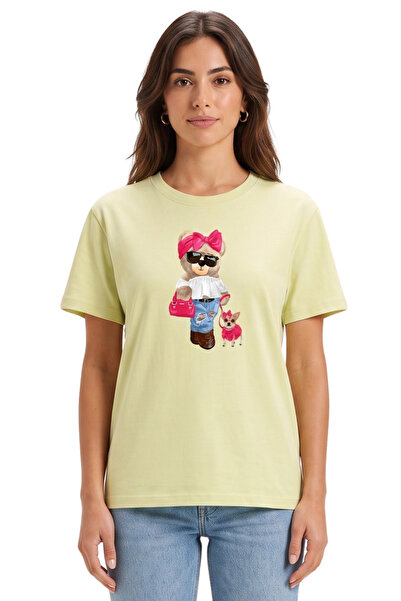 DK DAKSEL Women's Yellow Bowknot Teddy Bear and Dog Printed T-Shirt 100% Cott...