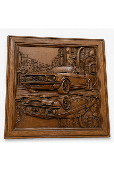 Mustang 3D Rölyef Dekoratif Tablo 18x18 cm – CNC İşlemeli El Patinalı MDF