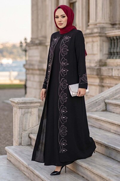hafsamina Boncuk Taşlı Büyük Beden Anne Elbisesi Siyah HM2952