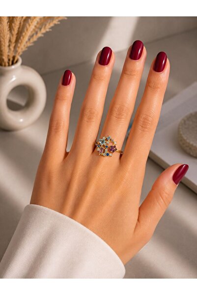 MARE BUTİK Colorful Zircon Stone Flower Design Steel Ring – Gold