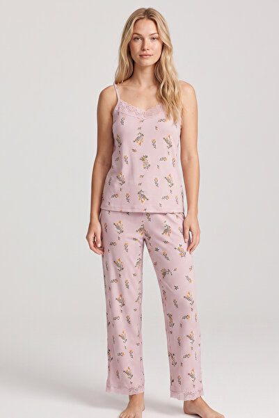 Siyah İnci lila çiçek desenli Bürümcük-Krınkıl Pijama Takım26120725