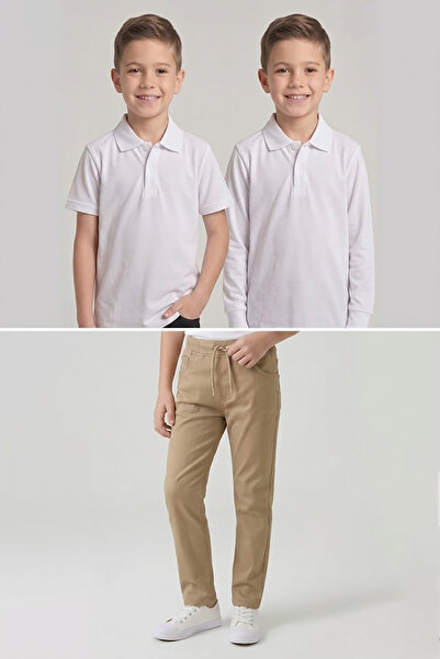 nacar çarşı Boys' School White Long and Short Sleeve Polo Collar T-Shirt Beig...