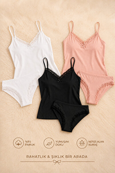 QKK 3-Piece Women's Cotton Lace Detailed Athlete Panties Underwear Set