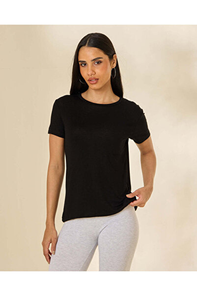 REDTAG Women Black Viscose Crew Neck T-Shirt