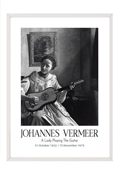 Postifull Johannes Vermeer - O doamnă cântând la chitară, Tablou în ramă albă...