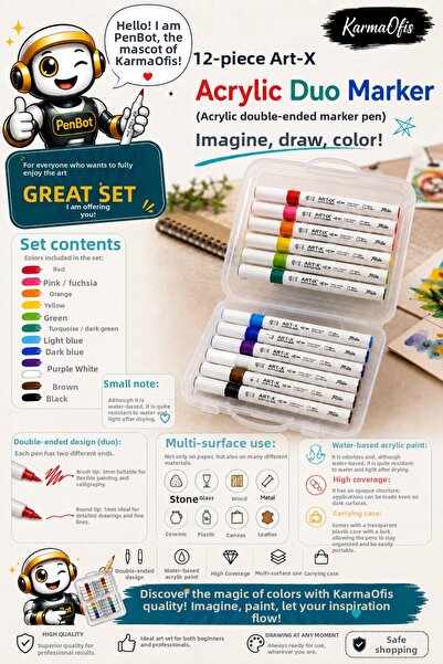 KarmaOfis 12-Piece Art-X Acrylic Duo Marker Set with Carrying Case