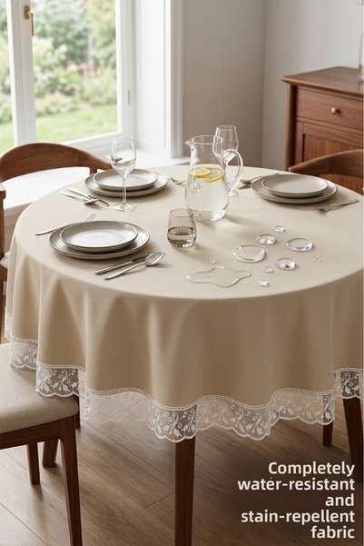 Rona Home Liquid-Proof Stain-Resistant Ecru Round Tablecloth Luxury Stylish Table Cover for Living Room Kitchen Dining Table Picnic Cover