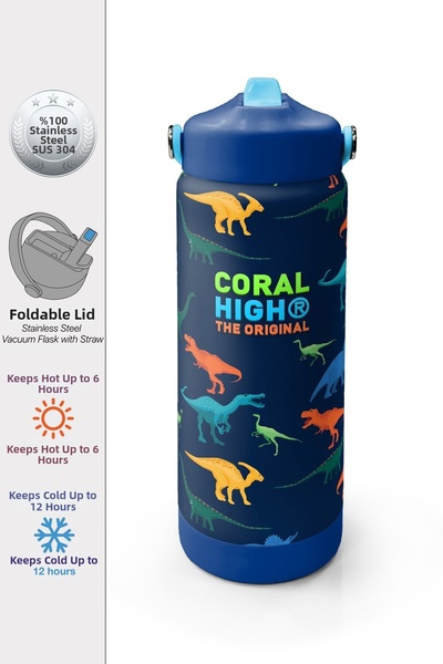 Coral High Navy Blue Dinosaur Patterned Steel Thermos with Folding Spout 650 ...
