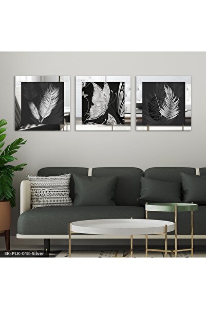 Evinemoda Silver Butterfly Leaf 3 Piece Silver Plexi Mirrored Framed Painting