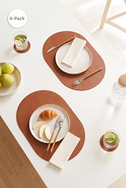 Homewave 4 Pieces Tan/Grey Faux Leather Tableware Presentation Plate Coaster ...