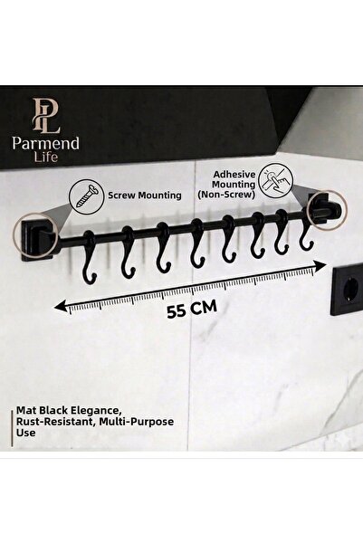 Parmend Life Screwless Mounting Wall Rail 8-Piece Metal Hanger Black 55 cm