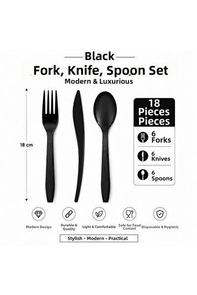 alenked Black Plastic Fork Knife Spoon Set 18 cm 18 Pieces Modern Luxury