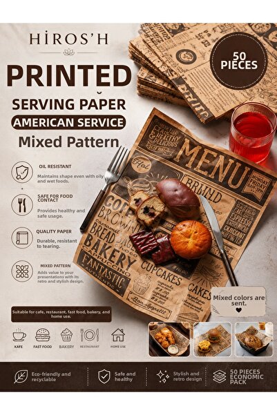 HİROS'H Greaseproof Presentation Paper Menu Patterned 50 Pieces Serving Paper...