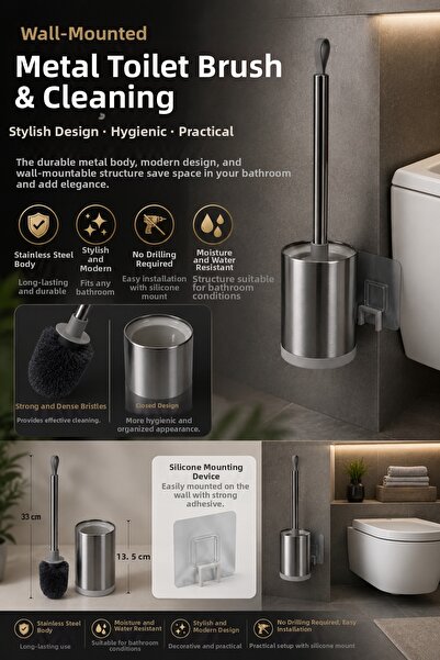 MAKRİ HOME Metal Wc Toilet Brush and Brush Holder, Wall Mountable, 47 Cm.