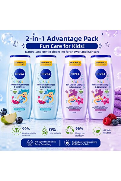 NIVEA Kids 3-in-1 Shower Gel, Shampoo and Conditioner Set 250 ml + 250 ml (Ma...