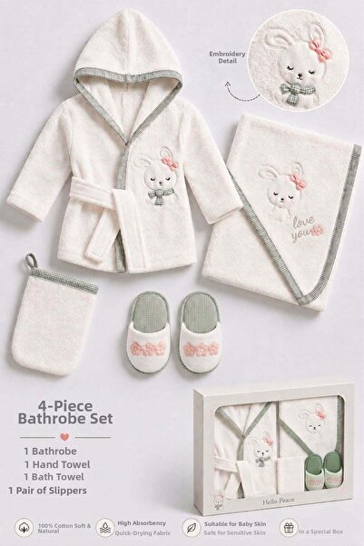Cantoy 100% Cotton Rabbit Embroidered 4 Piece Baby Hooded Bathrobe Set