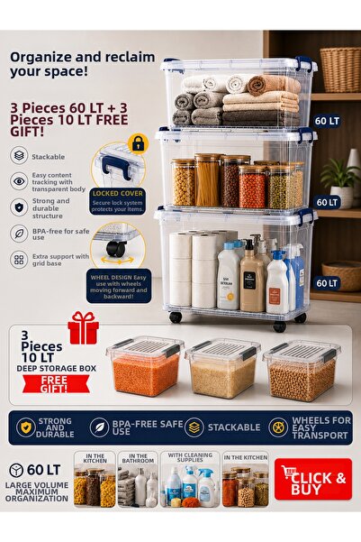 LOREMPBOX 3-Piece 60 Lt Wheeled Storage Box + 3 Pieces 10 Lt Gift Lockable Li...