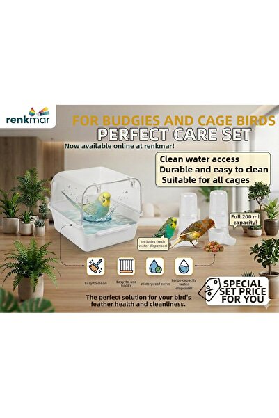 renkmar Bird Care Set White Bird Bath and White Double Water Bowl Large Water...