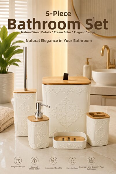 MAKRİ HOME 5 Piece Cream Bathroom Set, with Natural Bamboo Detail, 21 X 19 X ...