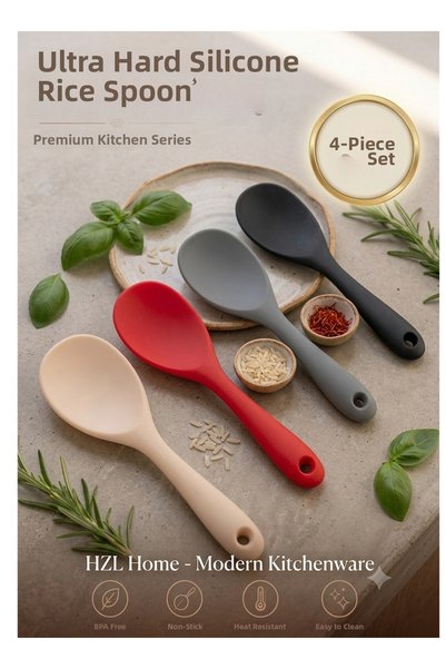 HZL HOME Set of 4 Ultra Hard Tip Silicone Rice Spoons - Heat Resistant, Firep...
