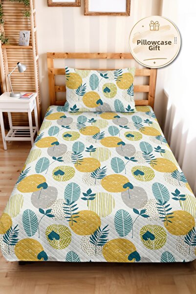 Evimde Bambaşka Yellow Leafed Botanical Young Room Single Pique Set - Turquoi...