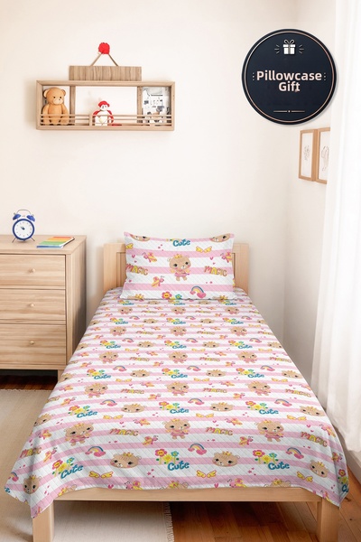 Evimde Bambaşka Pink Teddy Bear Girl's Pique Set - Stripe Themed Pastel Color...