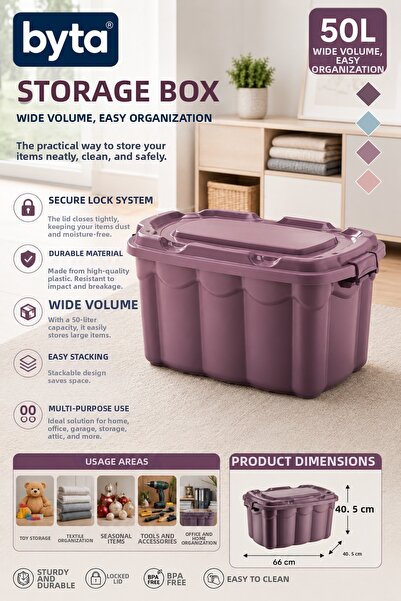 BYTA 50 Liter Large Size Multi-Purpose Storage Box with Lid Durable Plastic O...