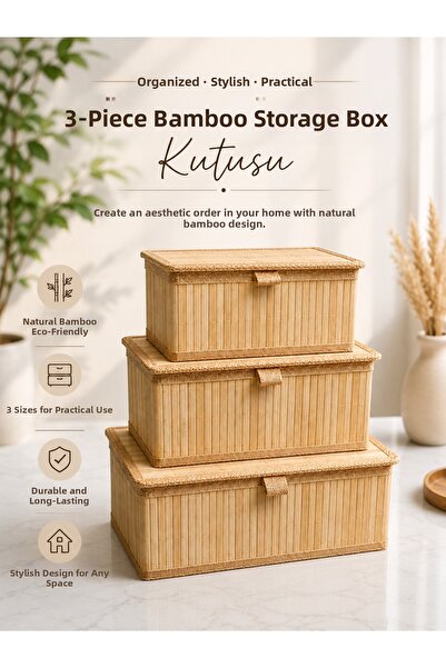 Arsimo 3-Piece Bamboo Storage Box Organizer Set with Lid Kitchen Bathroom Cab...